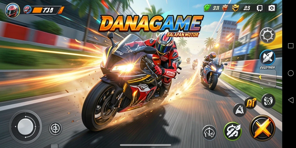 Screenshot gameplay <strong>DANAGAME</strong> yang menunjukkan balapan motor yang mendebarkan.